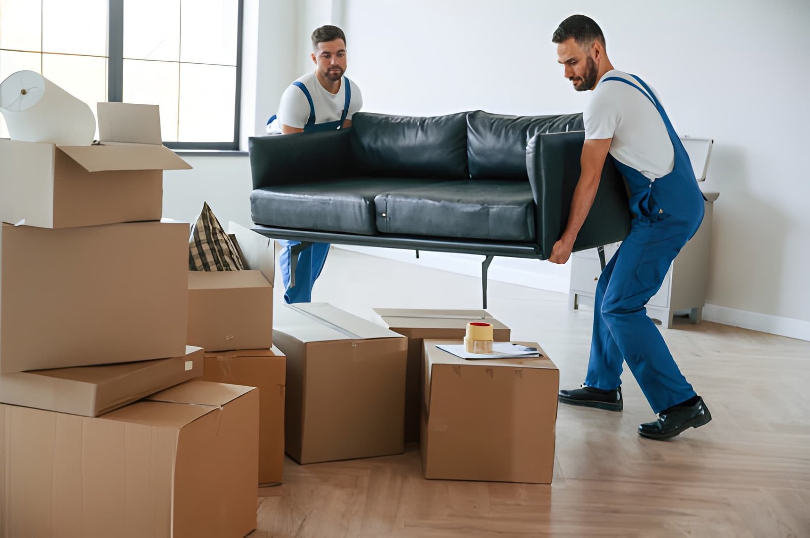 Professional movers carrying a sofa during a local move