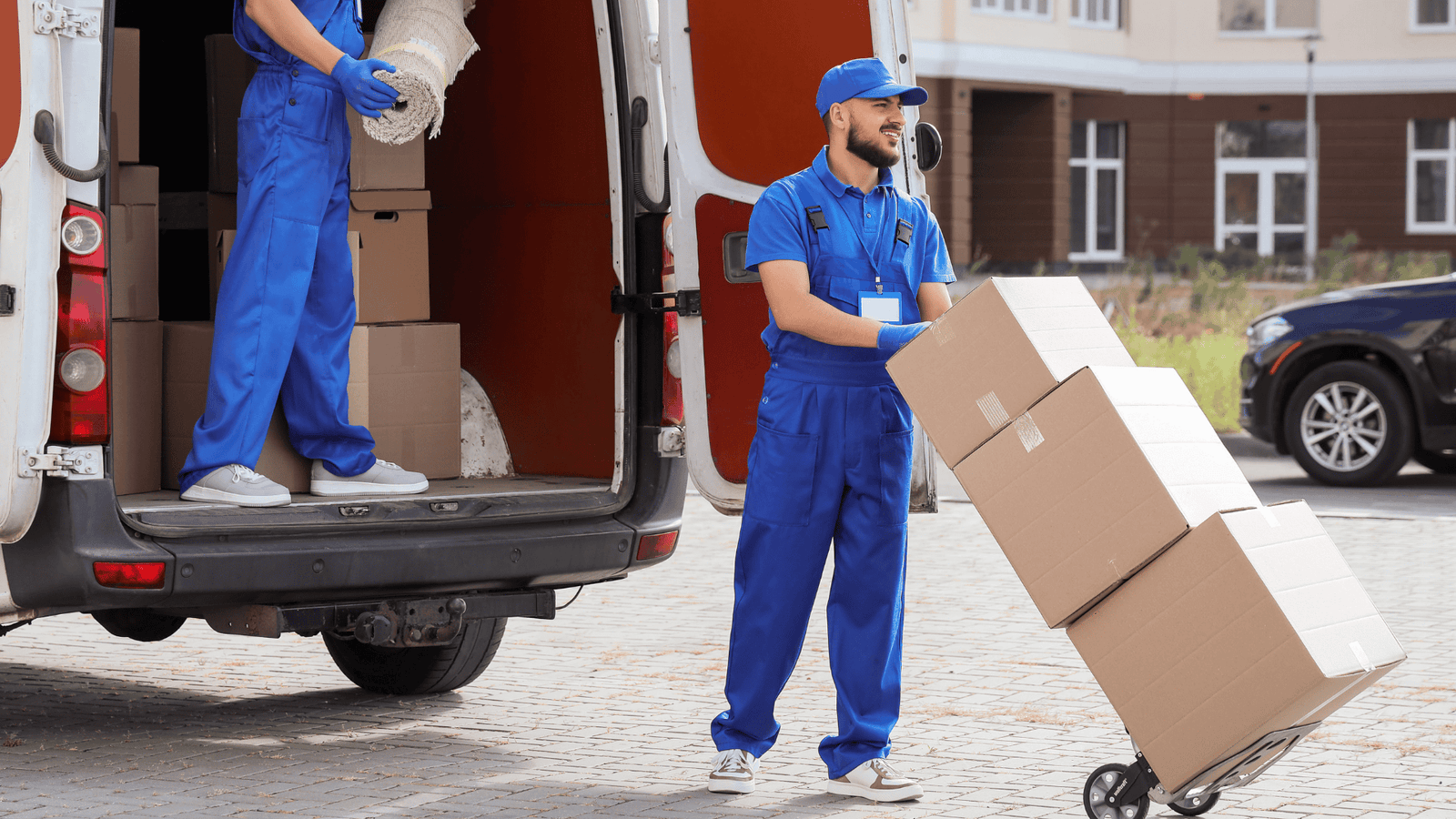 Professional movers handling moving boxes